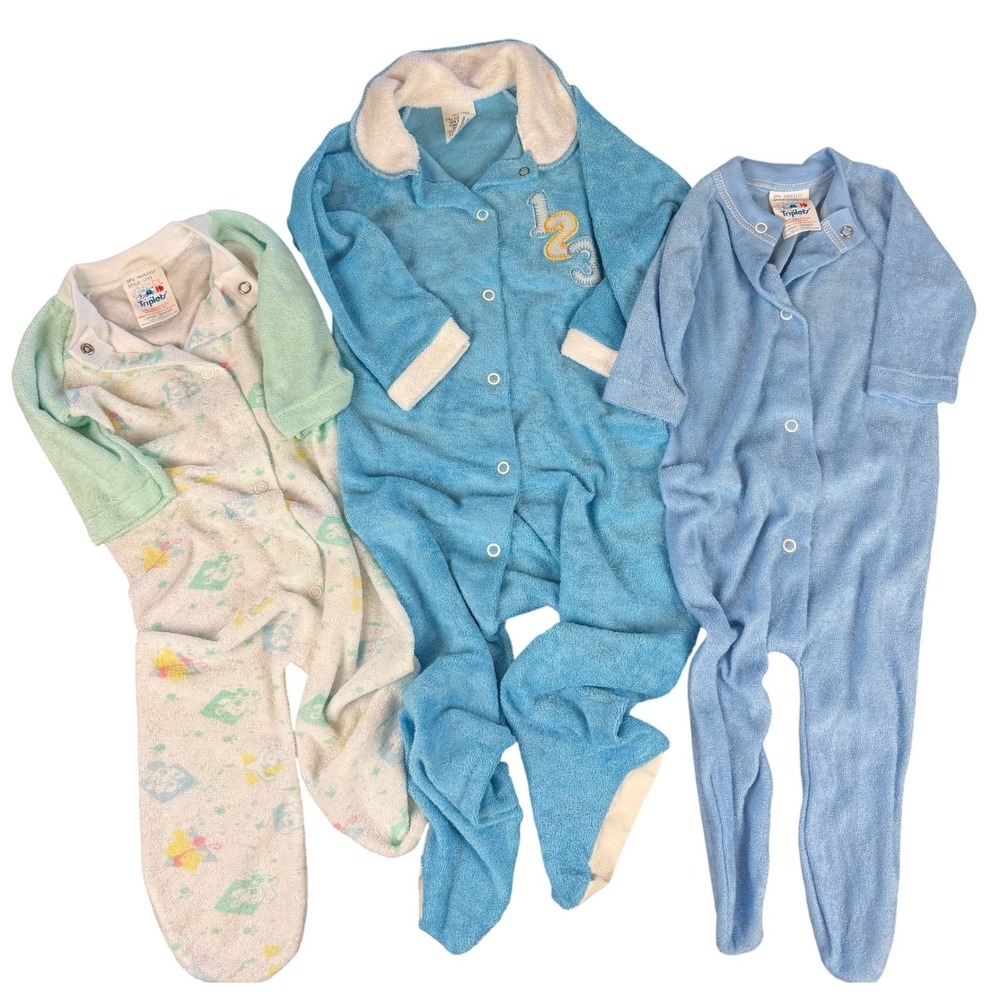 Vintage Baby Sleeper Pajamas Terry Cloth Retro Nursery Decor Boy Bundle Romper